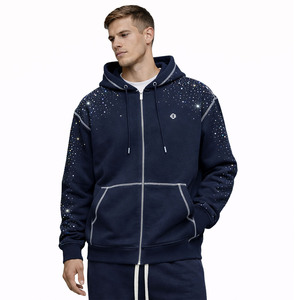 เสื้อฮู้ดซิปเต็มตัวประดับเพชร ผ้าฝ้ายฟลีซ GSM สูง สตรีทแวร์ รับทำแบรนด์สินค้า ป้ายกำกับส่วนตัว MOQ ต่ำ จัดหาสินค้าจำนวนมาก - Product Image 1