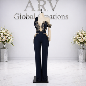 Elegant Navy Embroidered One Shoulder <b>Jumpsuit</b> |Luxury Applique <b>Mesh</b> Cutout Wide Leg Evening Party Wear Designer Cocktail Outfit - Product Image 2