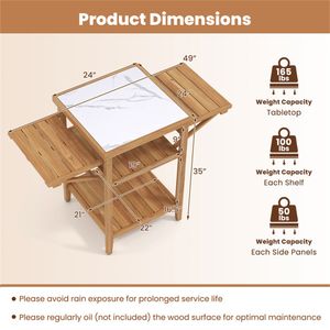 Acacia Wood Outdoor Grill <b>Table</b> with Drop Leaf <b>BBQ</b> Prep Station Faux Marble Resin Top - Product Image 4