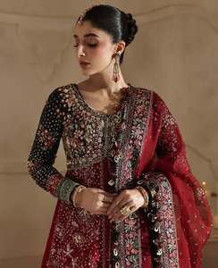 Modern Classic Embroidered Black Floral Long Sleeve Scalloped Neck <b>Top</b> Maroon Floor-Length Skirt Set Handwork Detailing A-Line - Product Image 4