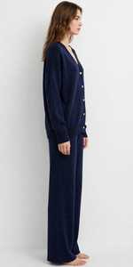 Conjunto de Cárdigan Azul Marino con Cuello en V y Pantalones Anchos para Mujer, Traje Casual con Botones y Manga Larga - Product Image 2