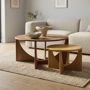 Modern Round Wood Coffee <b>Table</b> <b>Nesting</b> Minimalist Living Room Furniture - Product Image 4
