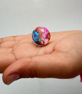 Bague bohème ronde en coquille d'huître rose, argent sterling 925, bijoux faits à la main - Product Image 6