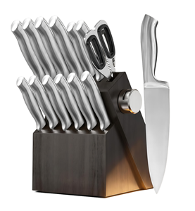 Ensemble de 14 couteaux de traiteur pour chaînes hôtelières avec support en bois foncé, unité d'affûtage rotative et manches entièrement métalliques courbés pour la restauration en gros - Product Image 1