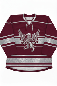 Camiseta de Hockey sobre Hielo Sublimada Personalizada para Hombre, Manga Larga, Color Granate y Plateado, Estampado Griffin, Tejido Transpirable de Poliéster, Ropa Deportiva - Product Image 1
