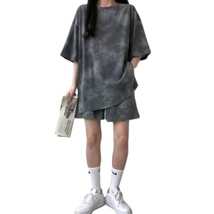 Custom Printed Logo Washed Pattern Custom 100% Cotton Fleece Summer Casual Women's 2-Piece T-Shirt Short Sleeve & Shorts <b>Set</b> - Product Image 4