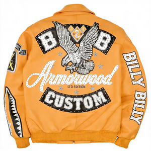 Men's Genuine Leather Bomber <b>Jacket</b> Front <b>Rhinestone</b> Embroidery Patchwork Custom Avirex Design Turn-down Collar Zipper Closure - Product Image 2