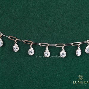 Statement Pear Cut Diamond Charm Bracelet With Lab Grown Stones Suspended Along Open Basket Settings <b>Solid</b> <b>Gold</b> Paperclip Chain - Product Image 4