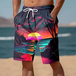 Short à cordon de serrage à séchage rapide pour hommes, imprimé palmiers orange, avec poches, vêtements de plage décontractés - Product Image 2