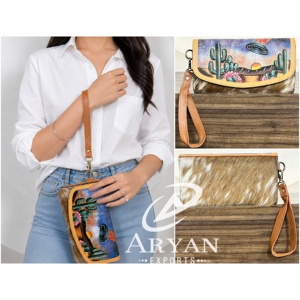 2026 New Handmade Boutique Long Cowhide Leather Clutch Wallet Hand Painted Desert UFO <b>Wristlet</b> Purse for Women Fashion Purses - Product Image 1