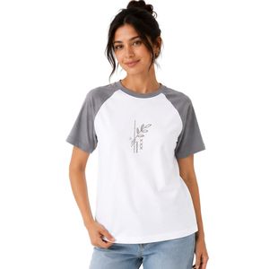 <b>Women</b> <b>White</b> and Gray Raglan T Shirt Minimal Botanical Geometric Print Crew Neck Short Sleeve Cotton Casual Tee Custom OEM ODM - Product Image 1