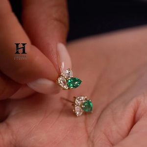 Luxury Mixed-Stone Pear Cut <b>Stud</b> Earrings, 14K Gold <b>Emerald</b> and Diamond Cluster Earrings, Elegant Minimalist Jewelry for Women - Product Image 1