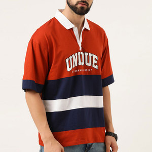 Polo en coton rayé rouge, bleu marine et blanc pour homme, manches courtes, décontracté, respirant, tissage Oxford, logo sur le devant - Product Image 2