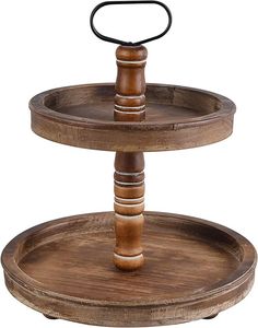 Star Wooden Double-Layer Cake Stand 2-Tier Dessert <b>Display</b> & Fruit Tray Elegant Wood Color Home Decor - Product Image 2