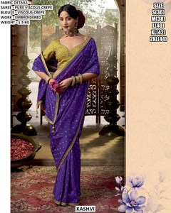 ผ้าซารีวิสโคสเครปปักลายสีดำแบบคาชวี พร้อมเสื้อสีแดง - Product Image 3