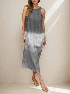 Women Ombre Cotton Linen Midi <b>Dress</b> Sleeveless Straight Fit Casual <b>Summer</b> <b>Dress</b> Side Slit Minimalist Elegant <b>Dress</b> - Product Image 6