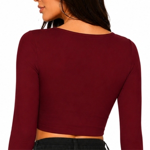 Custom Women's Crop <b>Top</b> <b>Long</b> <b>Sleeve</b> Scoop Neck Maroon Casual Trim Square Collar Short <b>Sleeve</b> <b>Stretch</b> Wear For Women Crop <b>Top</b> - Product Image 2