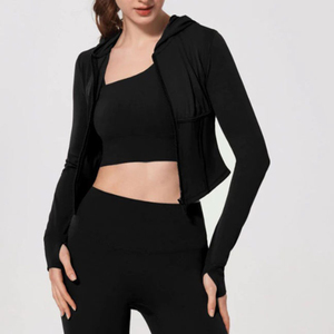 Veste à capuche zippée courte pour femme, coupe ajustée, avec trous pour les pouces, manches longues, pour le sport, le yoga, vêtements de sport, logo personnalisé, vente en gros, OEM disponible - Product Image 6