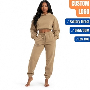 Ensemble jogging deux pièces beige kaki pour femme, sweat-shirt court, vente en gros - Product Image 1
