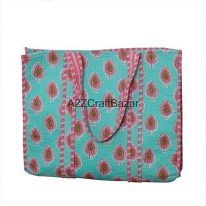 Handmade Quilted Cotton Tote <b>Bag</b> with Long Handle Striped Pattern Indian Craftsmanship Rajasthan for Women-Groceries Daily Use - Product Image 5