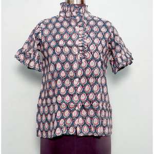 Vente en gros – Haut décontracté vintage 100 % coton pour femme, fait main, avec boutons, manches cloche, longueur mini, motif, taille standard - Product Image 1