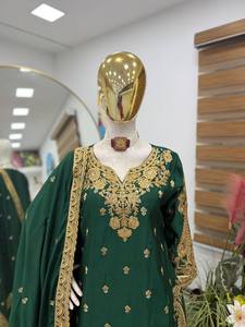 Heavy Embroidered Chinon Silk Kurti Sharara Dupatta Set Wedding <b>Festival</b> Traditional Indian Wear Export Collection - Product Image 1