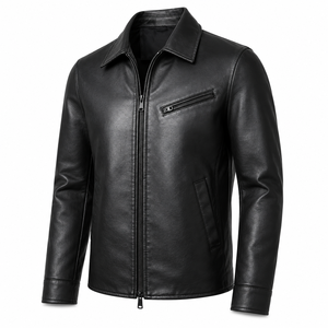 Veste en cuir noir pour homme avec col chemise classique, fermeture éclair intégrale sur le devant, poche poitrine, poches latérales et coupe slim moderne - Product Image 5