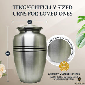 Urne funéraire en métal argenté brossé pour cendres humaines adultes |   Urne funéraire de style américain/européen classique avec bandes noires |   220 Cubic - Product Image 4