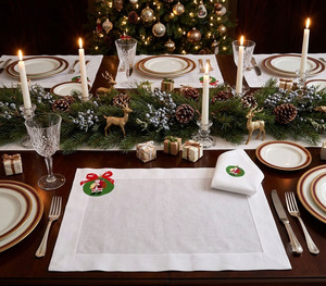 Custom Embroidery Christmas Green Ornaments Placemat & Napkin Set Home Restaurant Use 100% Cotton Machine Washable Luxury Style - Product Image 5