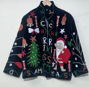 Handcrafted Black Velvet <b>Christmas</b> Embroidered Short <b>Jacket</b> for WomenThread Work Open Front Kimono Style Ethnic Winter <b>Jacket</b> - Product Image 1
