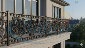 Rampe en fonte royale moderne sans cadre, grille florale, gris naturel, finition lisse polie brillante, qualité d'exportation, balcon, escalier - Product Image 2