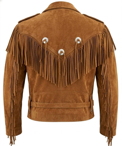 New Design Men's Western Cowboy Fringe Motorcycle Handmade Tan <b>Brown</b> Suede <b>Leather</b> <b>Jacket</b> Wholesale Manufacturer - Product Image 2