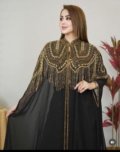 Elegante Abaya Negra Bordada de Poliéster, Corte Ajustado, con Cuentas, Flecos Dorados, Cuello Alto, Manga Larga, Largo hasta el Suelo, Vestido Modesto para Mujer - Product Image 1