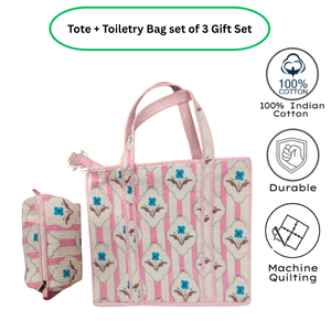 Bolsa de Mano Acolchada de Algodón con Estampado Floral Rosa y Verde de Jaipur, de Calidad de Exportación + Set de Neceser, Paquete de Regalo Sostenible y Suave - Product Image 2