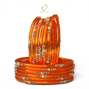 Meilleures ventes de bijoux indiens : Bracelets en verre kashmiri orange en forme de goutte de pluie, plaqués or, avec cristaux, pour mariage et occasions festives, prix de gros - Product Image 3