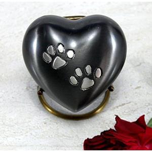 Urne funéraire pour animaux de compagnie en forme de cœur noir avec empreintes de pattes, pour cendres de chien ou de chat, urne en étain en forme de cœur avec support doré, dernière arrivée - Product Image 1