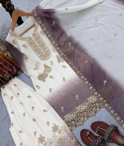 Salwar Kameez pakistanais bicolore avec pantalon Plazzo et dupatta blanc et violet brodé, tenue de mariage traditionnelle pour femmes - Product Image 3