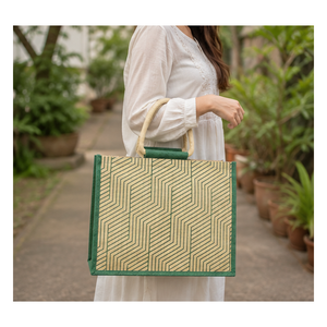 Custom Geometric Two Tone Jute Beach <b>Tote</b> Bags PP Laminated Reusable Shopping Bag Screen Printed Logo Wholesale Manufacturer OEM - Product Image 4