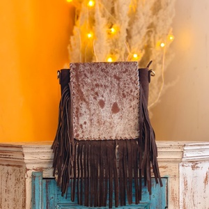 New Premium Quality 100% Genuine Leather Crossbody Shoulder <b>Sling</b> <b>Bag</b> Vintage Animal Print Western Hair Hide Fur Long Fringe - Product Image 2