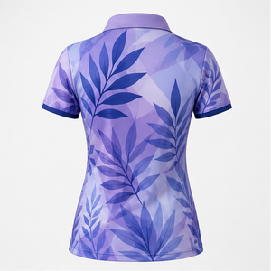 เสื้อโปโลผู้หญิงลายพิมพ์พฤกษศาสตร์สีม่วงลาเวนเดอร์แบบกำหนดเอง แห้งเร็ว ระบายอากาศได้ดี แขนสั้น ชุดยูนิฟอร์มทีมกอล์ฟ WPS-0735 - Product Image 4