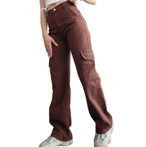 Pantalon cargo taille haute à jambe large en denim beige, coupe droite, décontracté, pour l'extérieur, automne, délavé, uni, léger, avec poches, logo frontal - Product Image 6