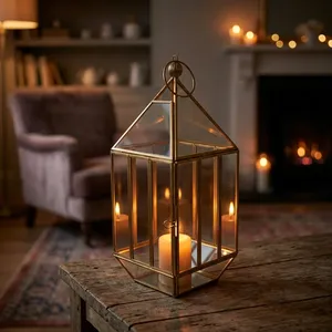 Artisan Design Square <b>Brass</b> <b>Lantern</b> with Glass Panels and Candle Holder for Home Decoration Handmade Unique Design - Product Image 1