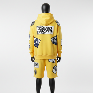 Conjunto de Sudadera con Capucha y Pantalones Cortos de Felpa de Mezcla de Algodón Premium para Hombre, con Panel Amarillo Estampado y Logotipo Personalizado - Product Image 2