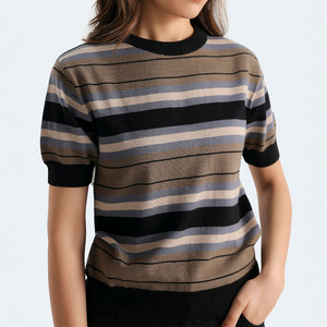 T-shirt en tricot rayé pour femmes, pull à manches courtes et col rond, léger, décontracté, respirant, haut d'été, offre spéciale - Product Image 1