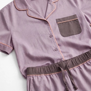 Conjunto de pijama morado de manga corta para mujer, top con botones y cuello con muescas y pantalones largos con cordón - Product Image 6