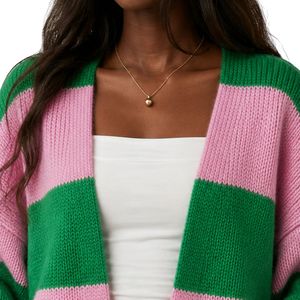 Cardigan à rayures rose et vert pour femme, pull en tricot décontracté, cardigan à manches longues, doux et chaud, vêtement d'extérieur pour superposition - Product Image 5