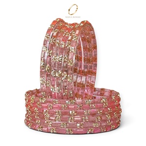 Ensemble de bracelets en verre rose Kashmiri effet goutte de pluie, design floral en cristal plaqué or étincelant pour bijoux de mariage en gros - Product Image 3
