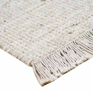 Tapis en laine beige ivoire à motif géométrique minimaliste, tapis texturé neutre avec franges, antidérapant et écologique pour salon - Product Image 5