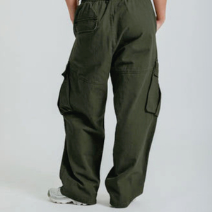 Women's Olive Green Cargo <b>Pants</b> Solid Color Elastic Waist Loose Fit Casual Full Length With Pockets <b>Summer</b> Wear - Product Image 2