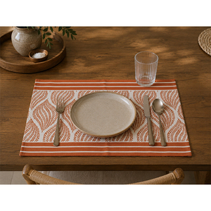 Mantel Individual de Algodón Premium con Estampado de Hojas Naranja Óxido y Borde a Rayas |   Elegante Mantel Individual Estampado para Mesa de Comedor, para el Hogar y Restaurantes - Product Image 1